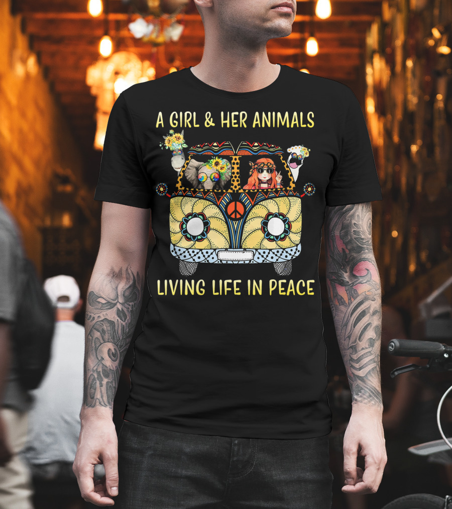 A Girl and Her Animals in a Hippie Van Living Life in Peace T-Shirt