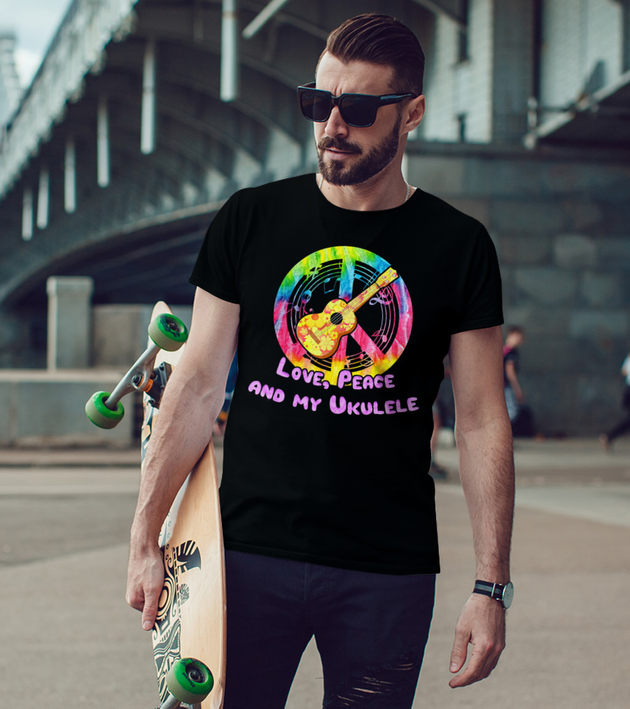 Love Peace And My Ukulele Music Hippi Rainbow Guitar Peace Sign T-Shirt