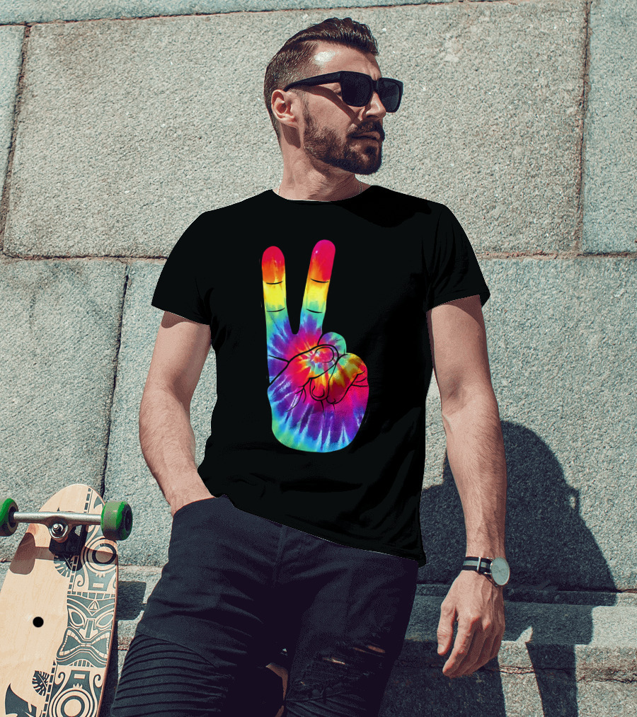 Tie Dye Peace Sign Hand Gesture Rainbow Victory T-Shirt