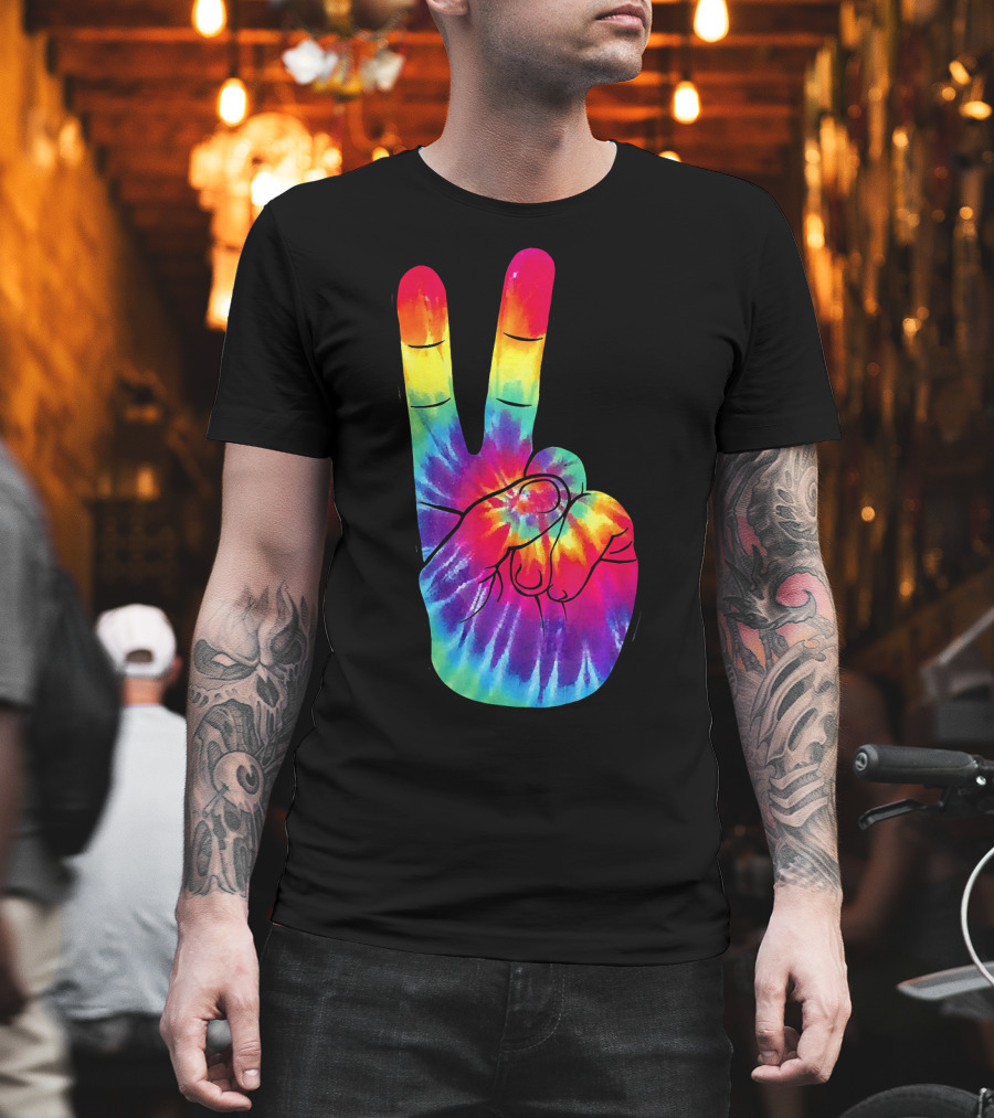 Tie Dye Peace Sign Hand Gesture Rainbow Victory T-Shirt