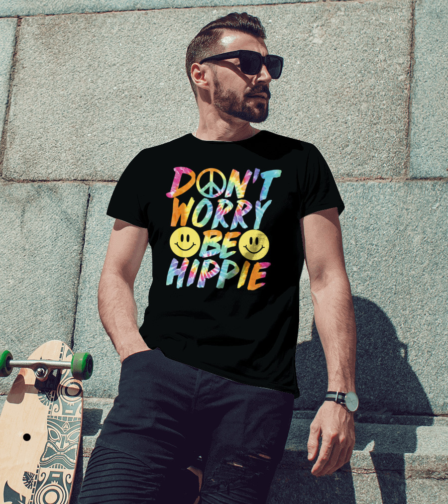 Don't Worry Be Hippie Tie Dye Style Peace Symbol Smiley Face T-Shirt
