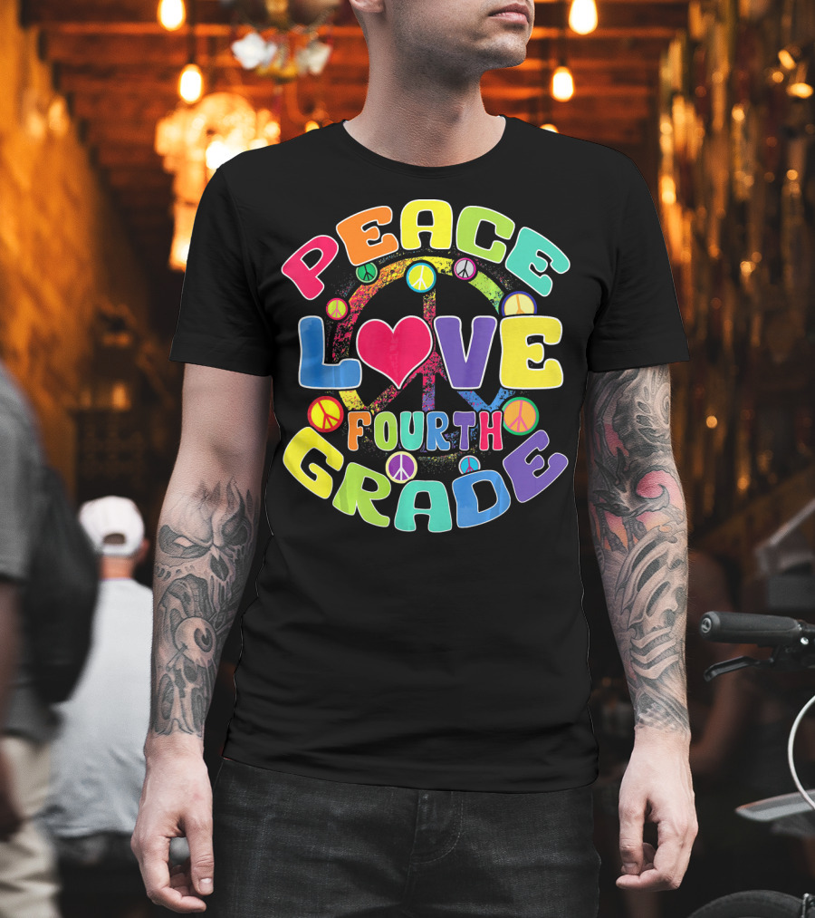 Peace Love Fourth Grade Back to School Groovy Rainbow Peace Signs T-Shirt