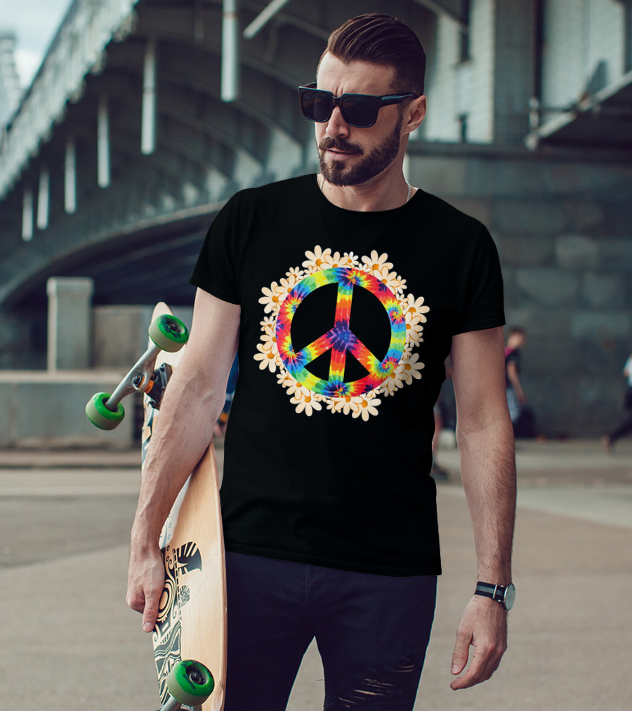 Rainbow Tie-Dye Peace Sign With Daisy Border T-Shirt