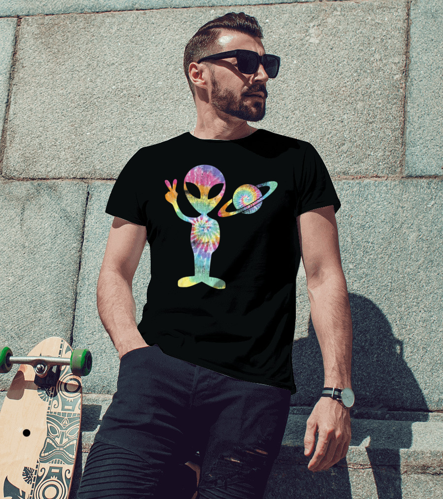 Funny Tie Dye Alien Peace Sign With Planet T-Shirt
