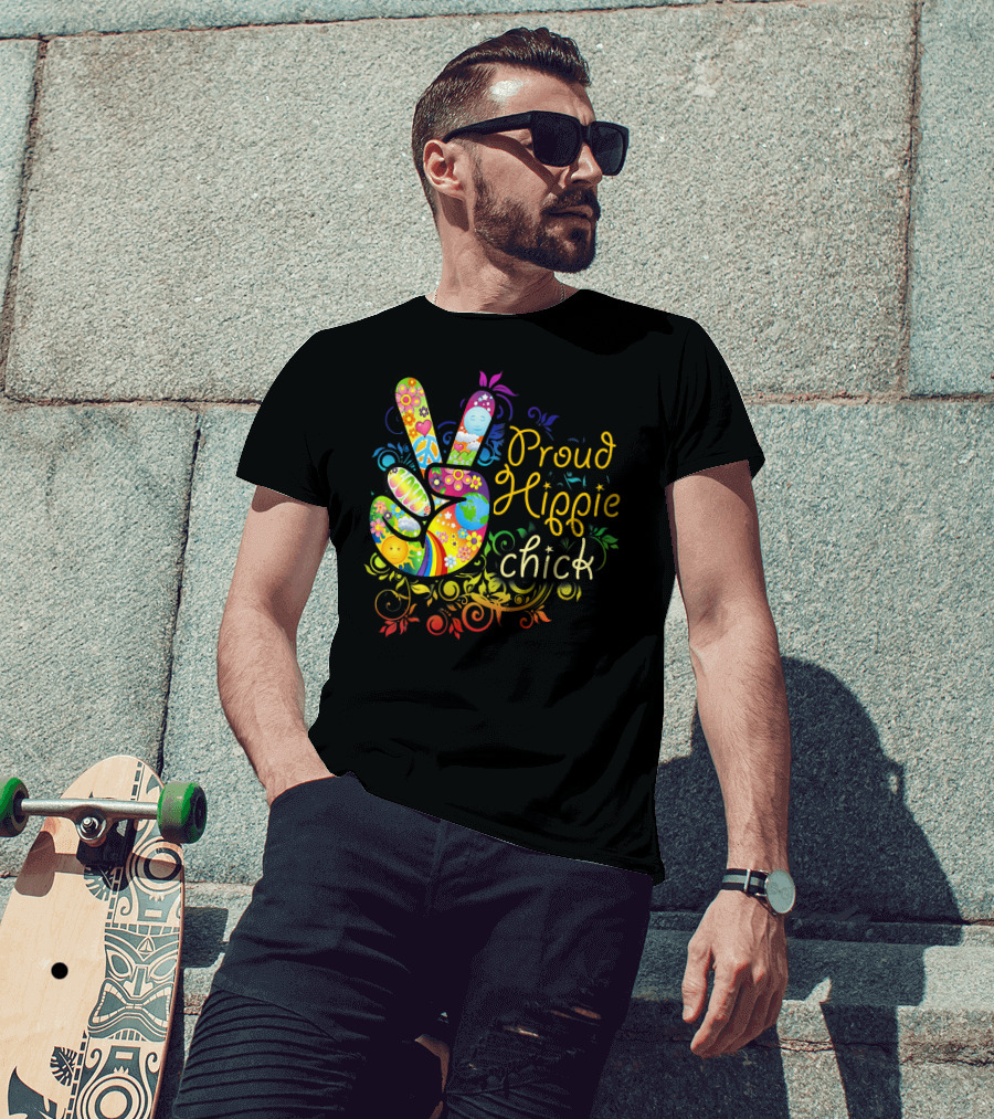 Proud Hippie Chick Peace Sign With Colorful Floral T-Shirt