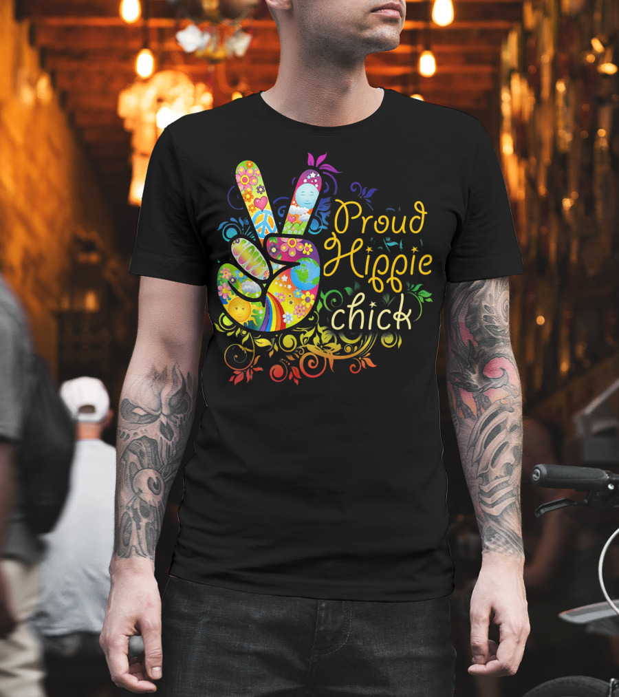 Proud Hippie Chick Peace Sign with Colorful Floral T-Shirt