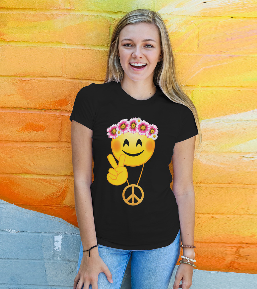 Peace Sign Smiley Face Flower Crown Hippie Necklace T-Shirt