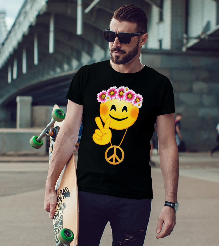 Peace Sign Smiley Face Flower Crown Hippie Necklace T-Shirt