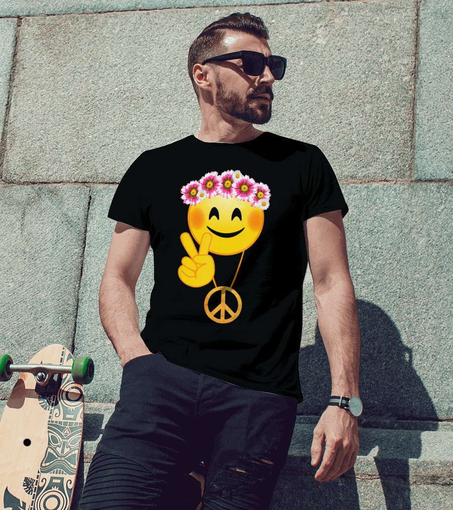 Peace Sign Smiley Face Flower Crown Hippie Necklace T-Shirt