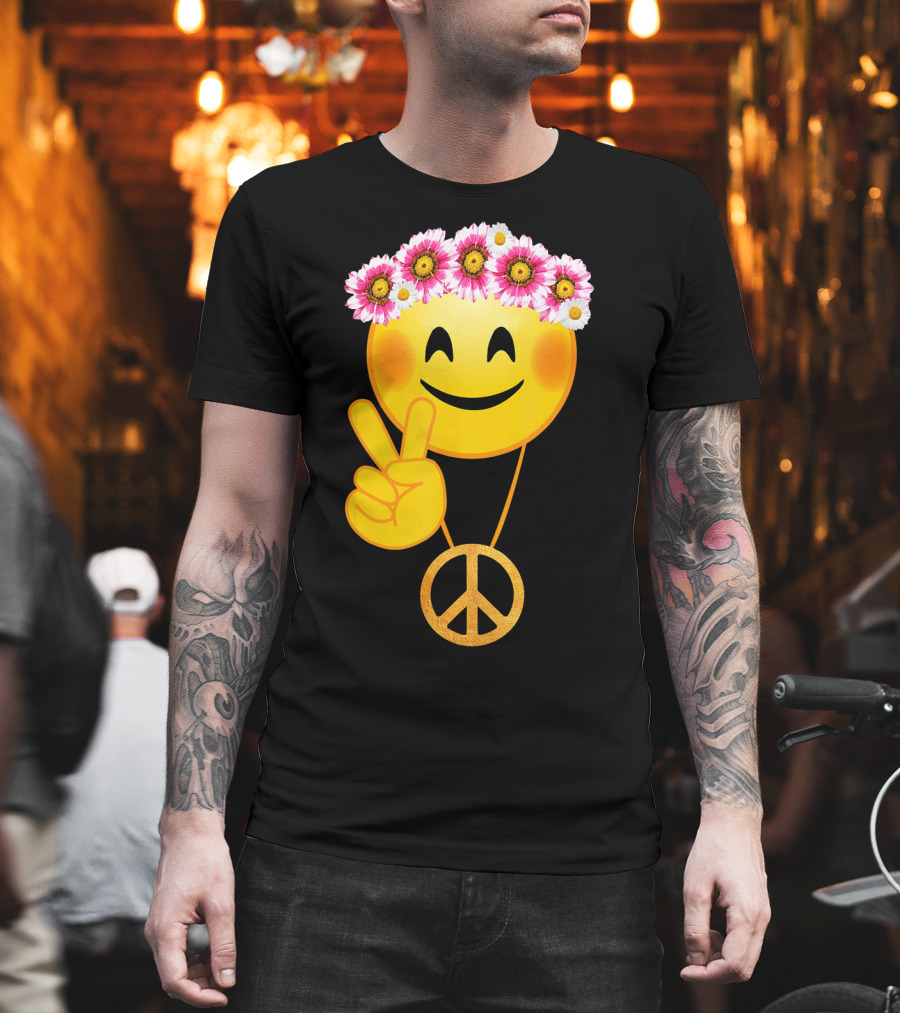 Peace Sign Smiley Face Flower Crown Hippie Necklace T-Shirt