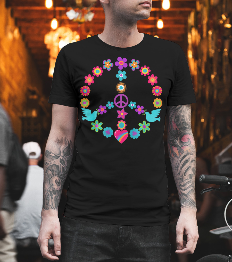 Peace Sign Flowers Dove 60s 70s Heart T-Shirt