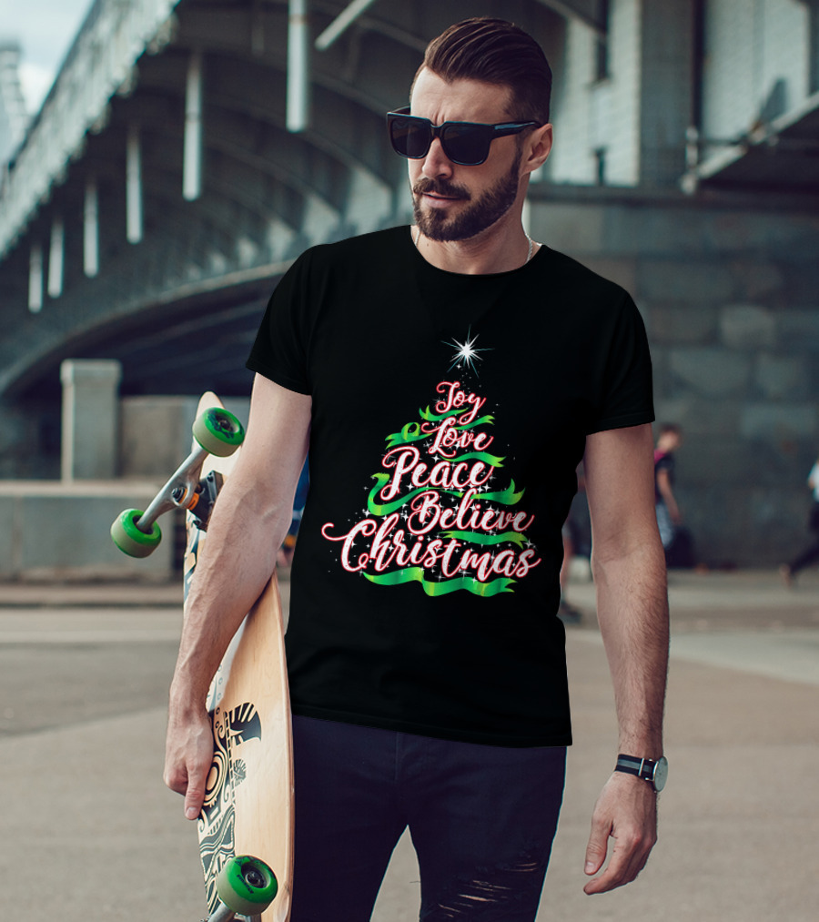 Joy Love Peace Believe Christmas Tree Star T-Shirt