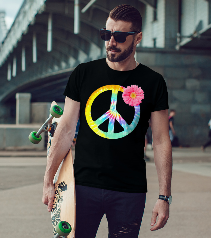 Boho Tie Dye Peace Sign With Pink Flower T-Shirt