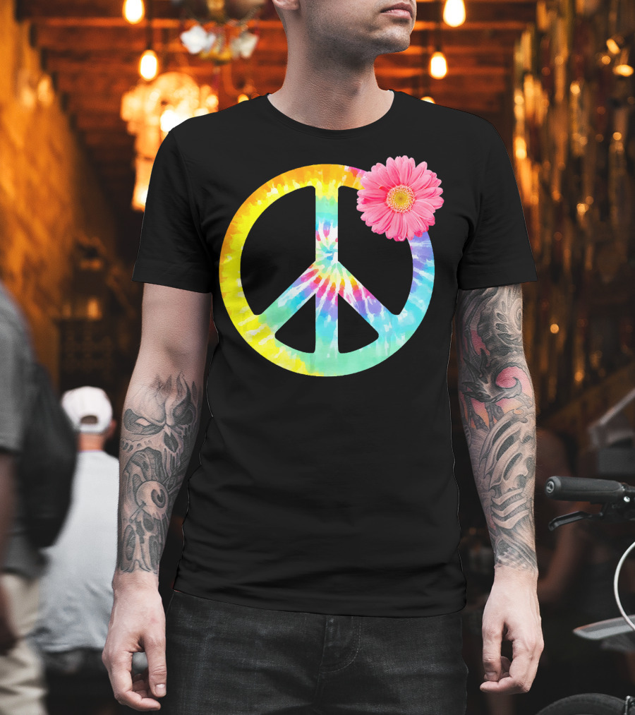 Boho Tie Dye Peace Sign with Pink Flower T-Shirt