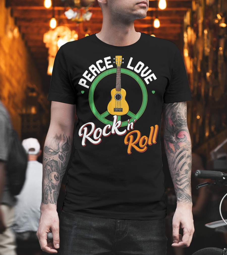 Peace Love Rock N Roll Anti War Ukulele Kindness T-Shirt