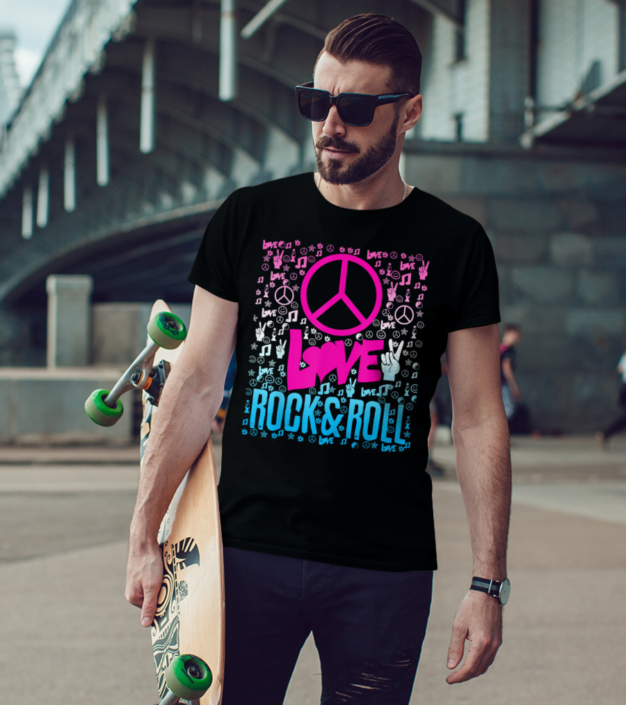 Peace Love Rock And Roll Music Icons And Hippie Symbols T-Shirt