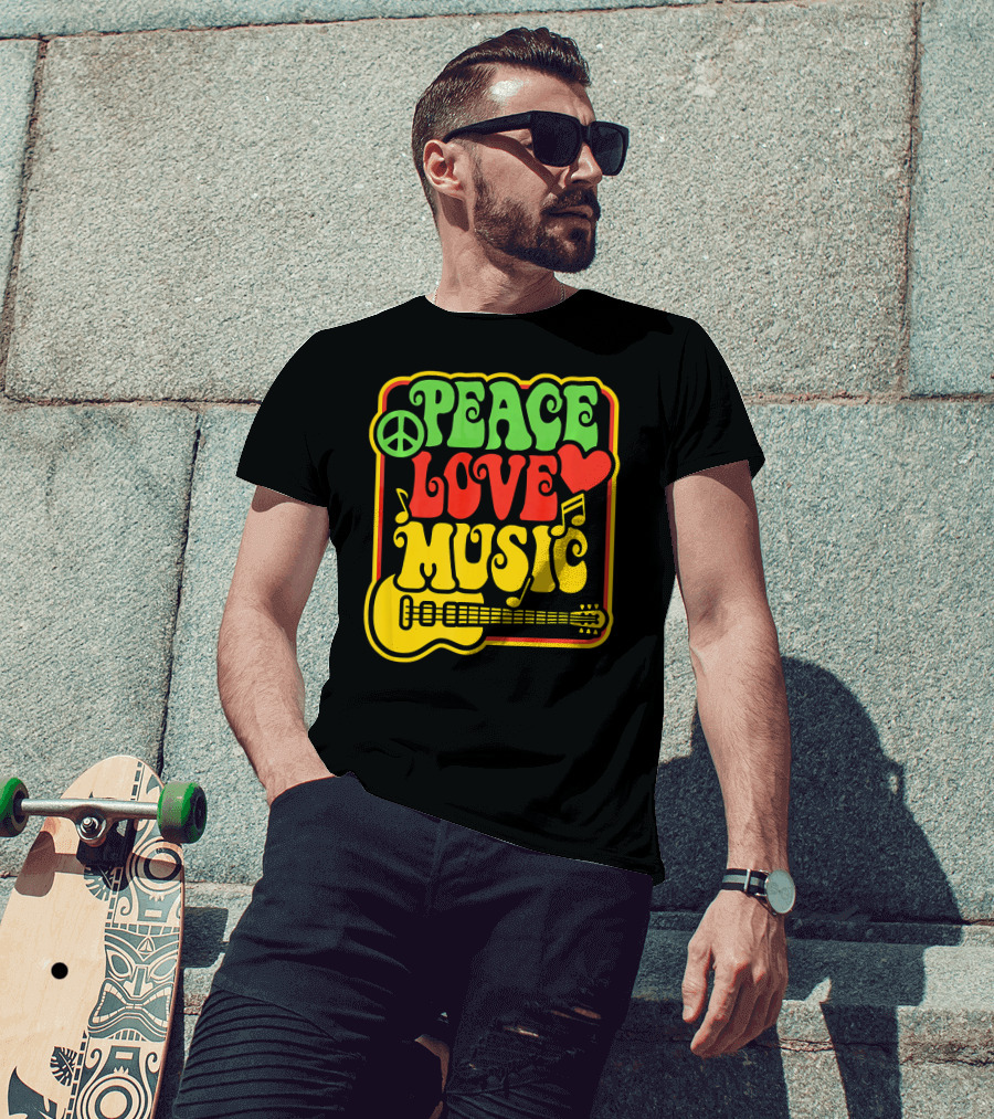 PEACE LOVE MUSIC Rock And Roll Reggae Guitar T-Shirt