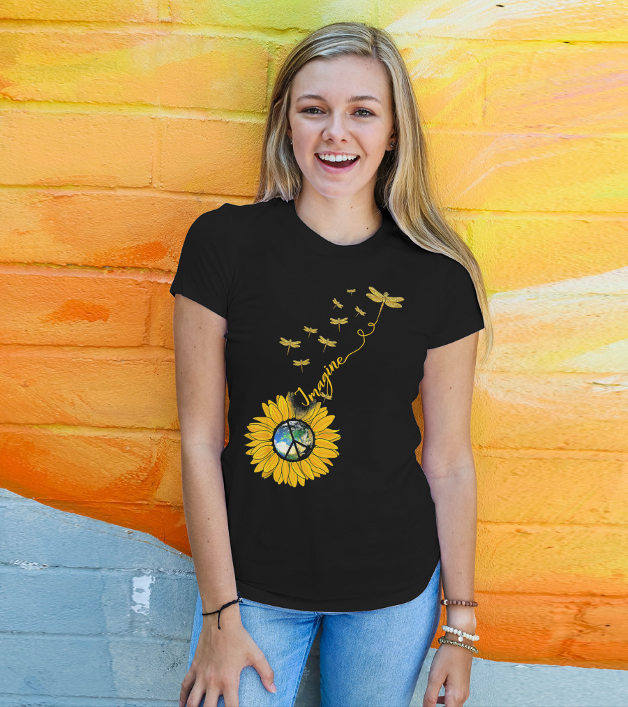 Imagine Peace Earth Sunflower Dragonflies T-Shirt