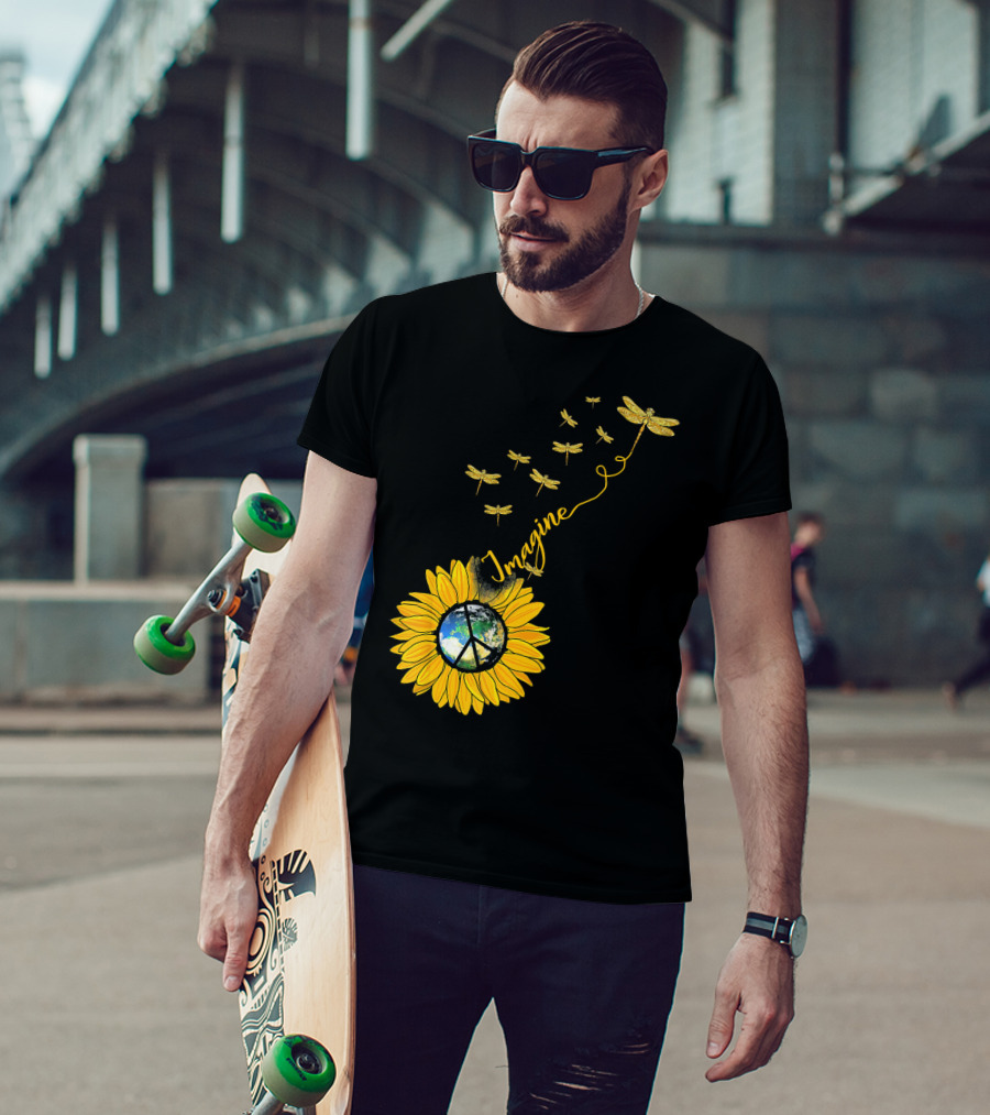 Imagine Peace Earth Sunflower Dragonflies T-Shirt