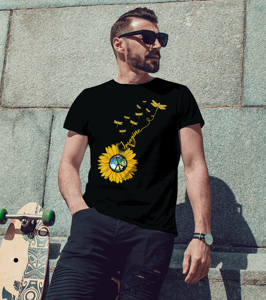 Imagine Peace Earth Sunflower Dragonflies T-Shirt