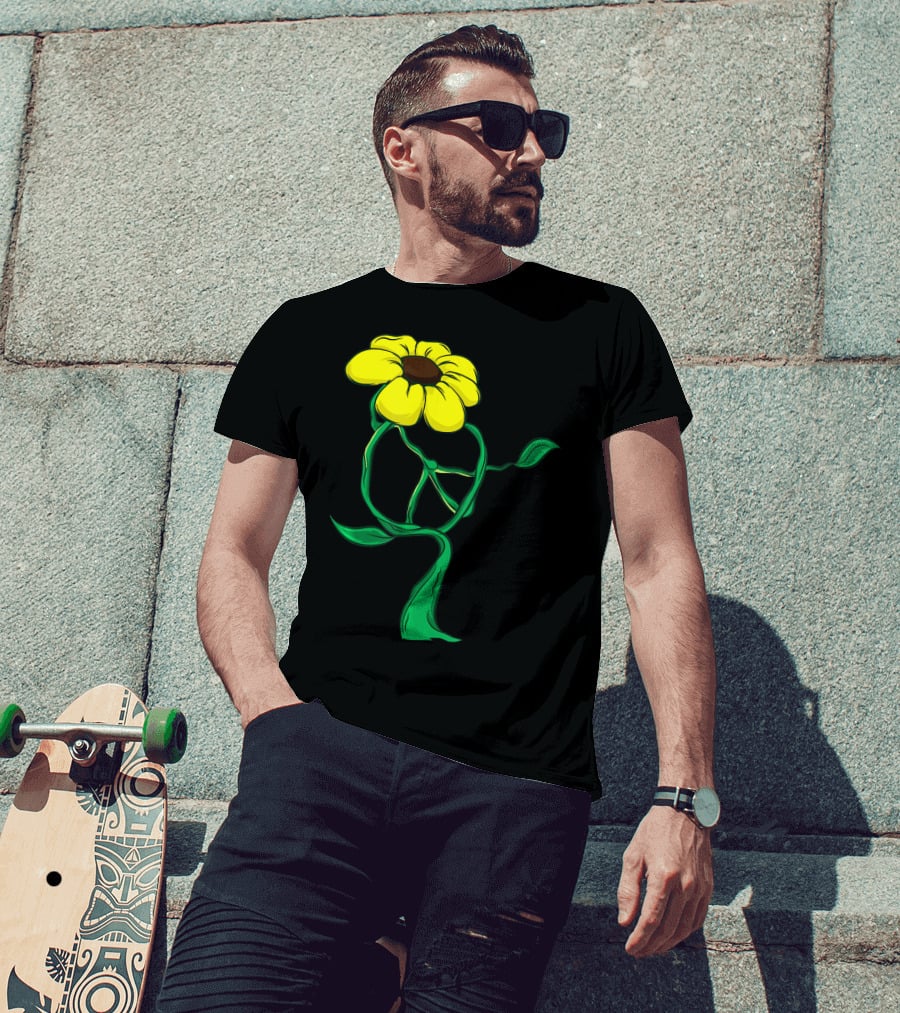 Hippie Yellow Flower Peace Sign Stem Green Leaves T-Shirt