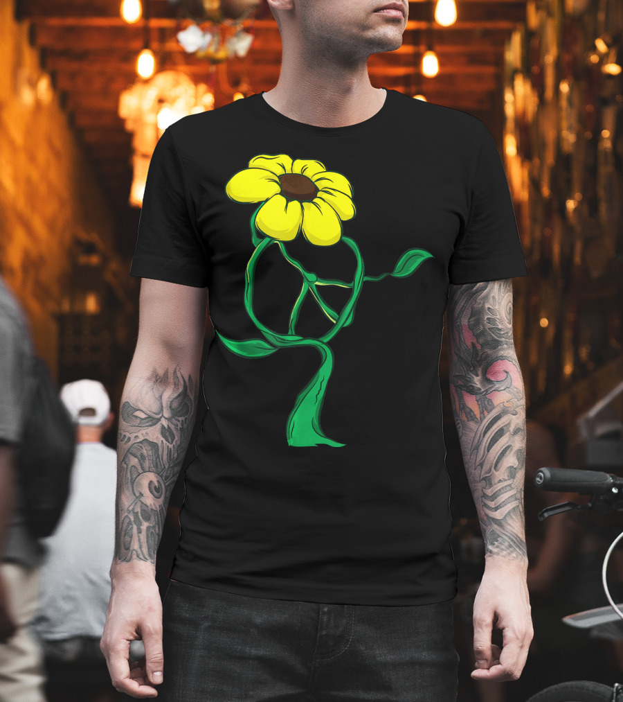 Hippie Yellow Flower Peace Sign Stem Green Leaves T-Shirt