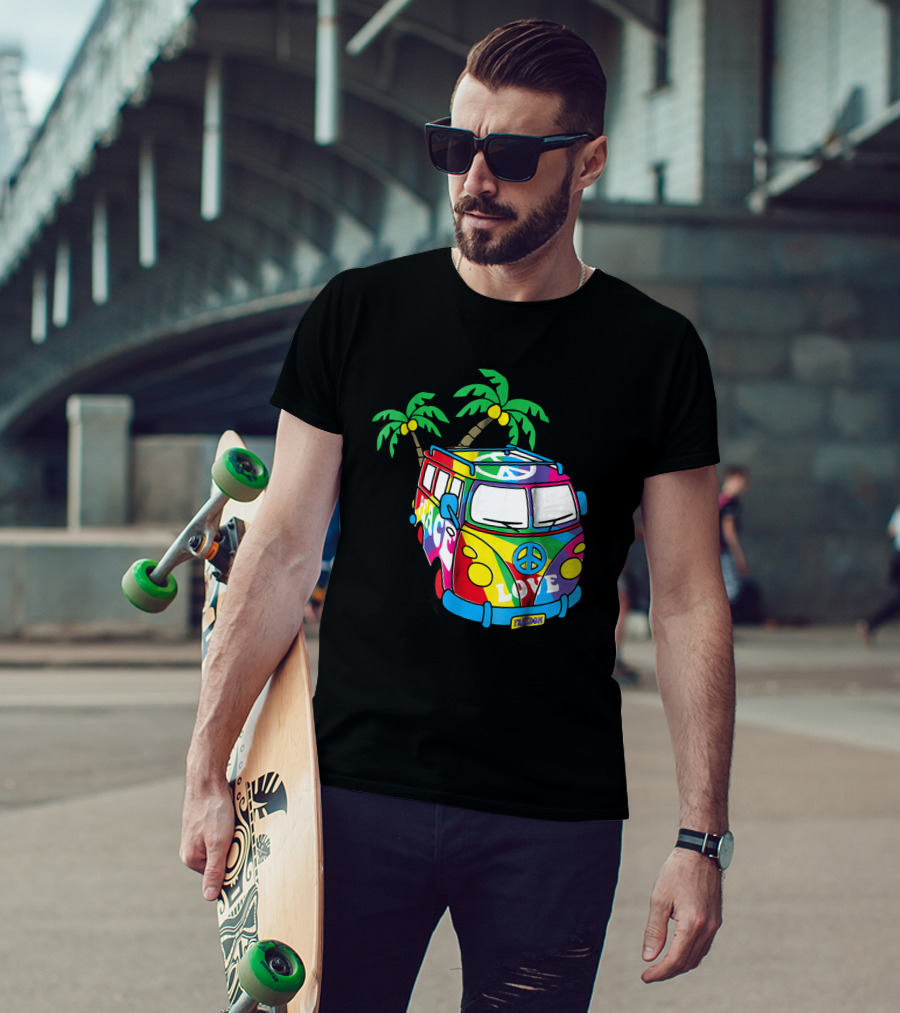 Peace Love Symbol Groovy Retro 60s Hippie Van Palm Trees Psychedelic T-Shirt