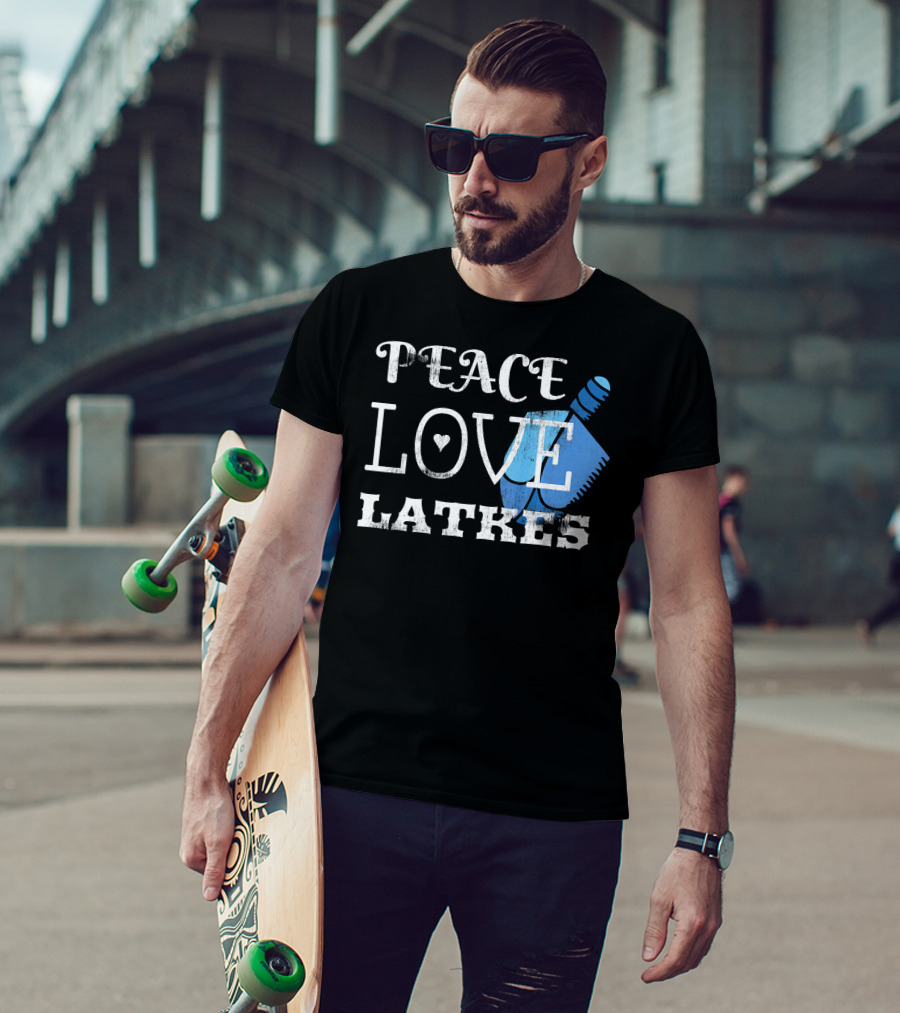 Peace Love Latkes Blue Dreidel T-Shirt