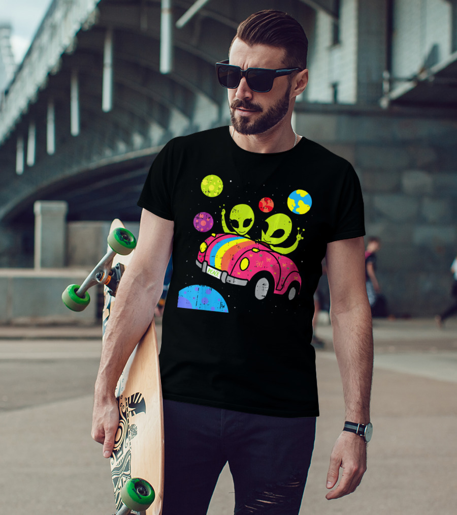 Hippie Alien Space Roadtrip With Peaceful Car And Colorful Planets T-Shirt