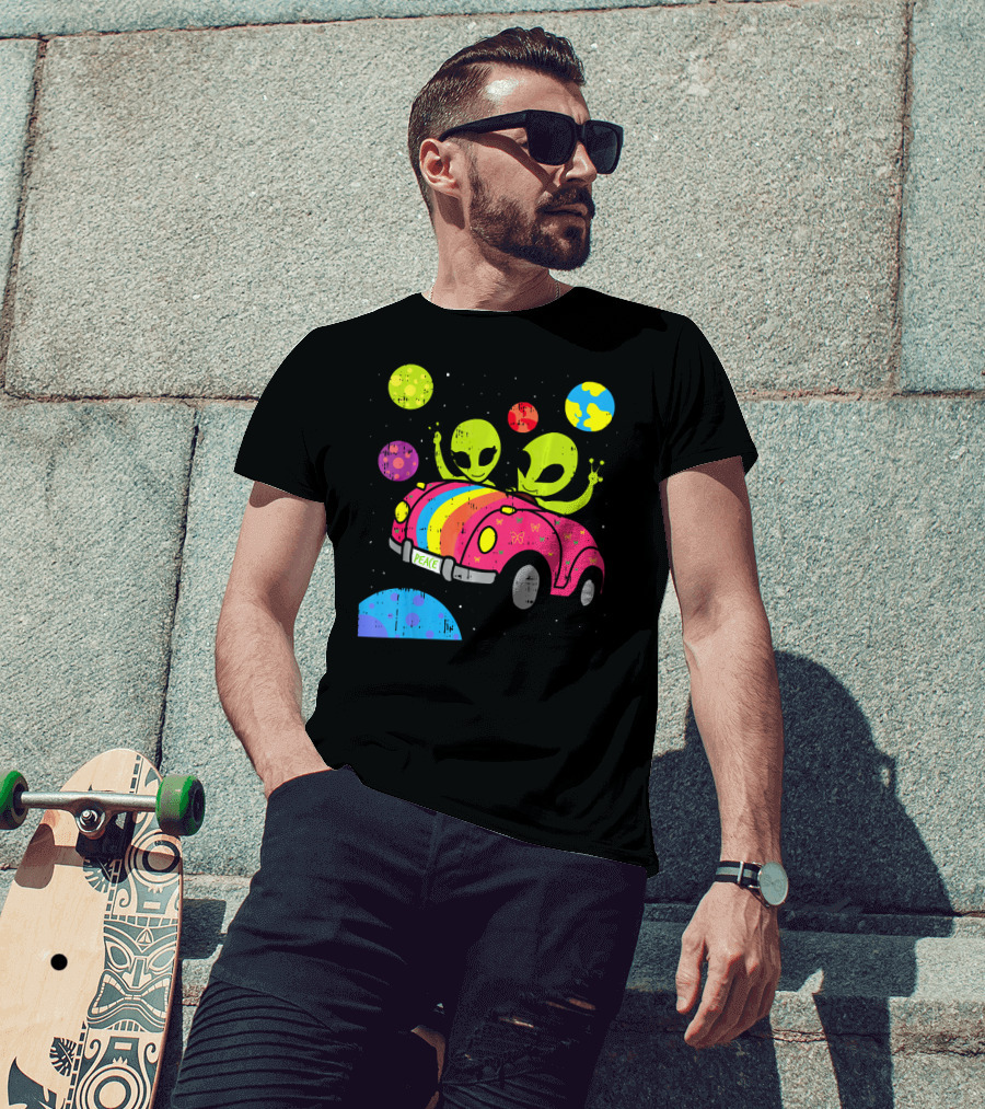 Hippie Alien Space Roadtrip With Peaceful Car And Colorful Planets T-Shirt