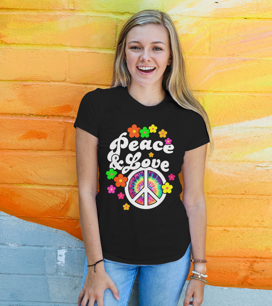Peace Love Tie Dye Peace Sign With Colorful Flowers T-Shirt