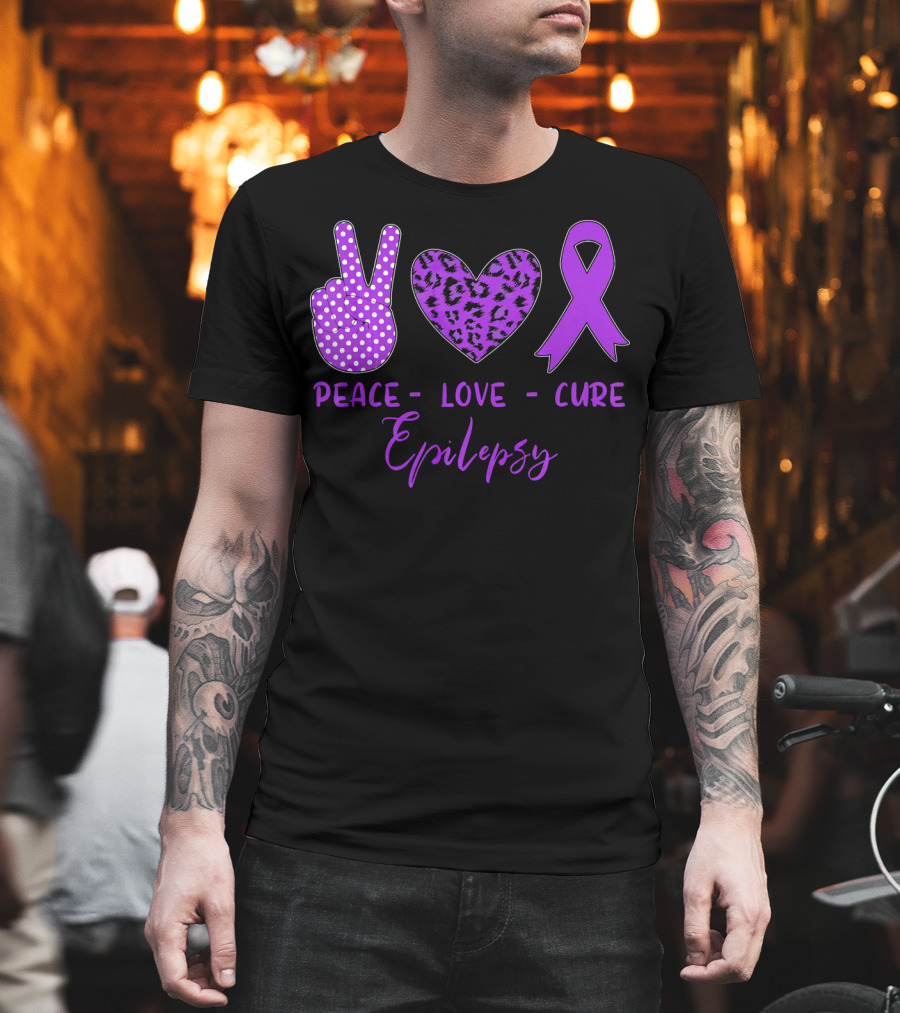 Peace Love Cure Epilepsy Purple Ribbon Polka Dot Leopard Print T-Shirt