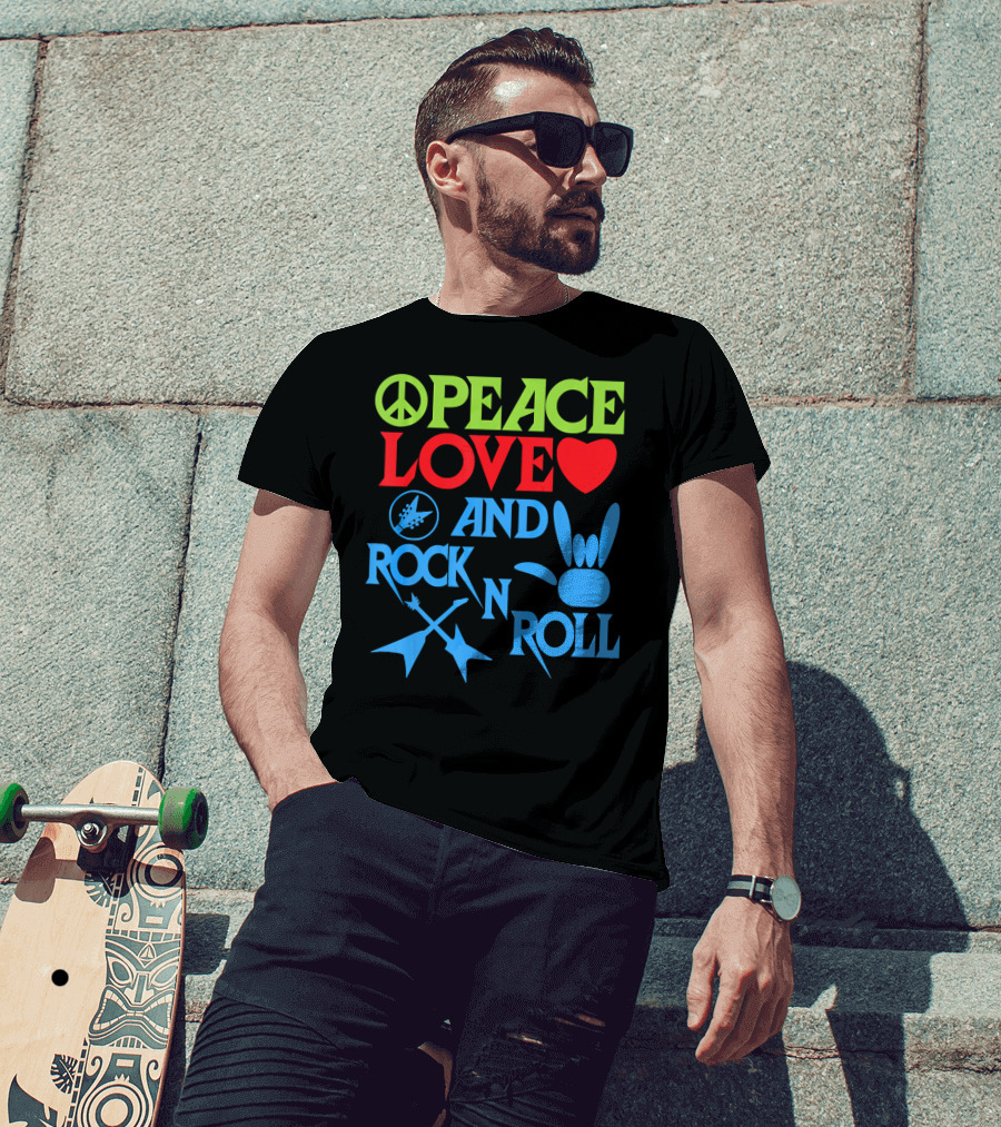 Peace Love Heart And Rock N Roll Peace Sign Guitar Hand Gesture T-Shirt
