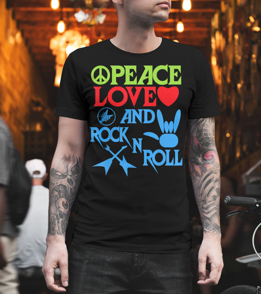 Peace Love Heart And Rock N Roll Peace Sign Guitar Hand Gesture T-Shirt