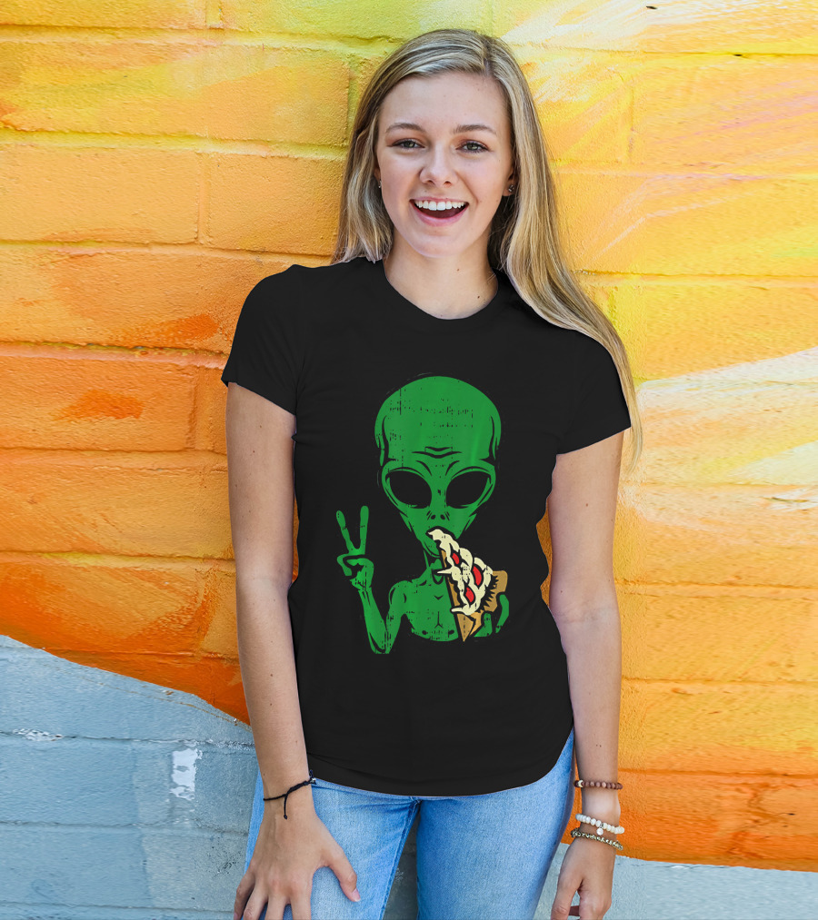 Alien Pizza Eating Peace Funny Space Are T-Shirt