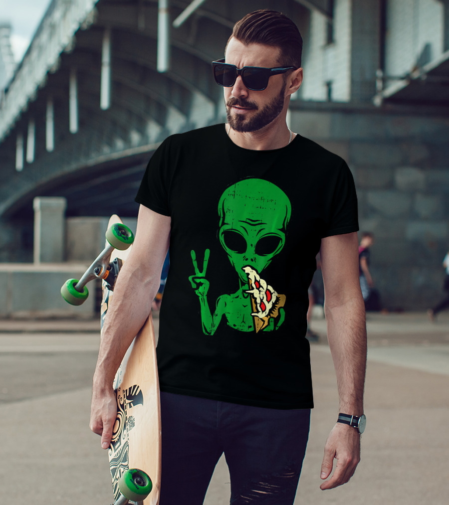 Alien Pizza Eating Peace Funny Space Are T-Shirt