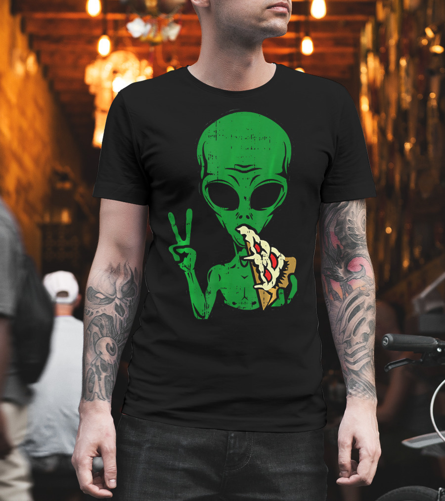 Alien Pizza Eating Peace Funny Space Are T-Shirt