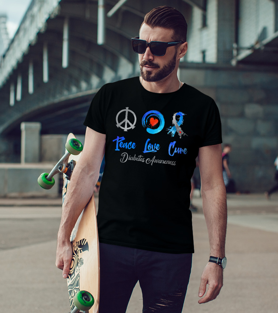 Peace Love Cure Diabetes Awareness Grey Blue T-Shirt