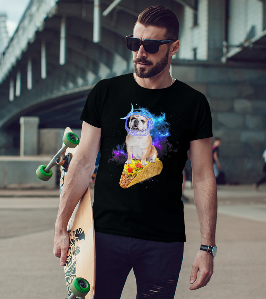 Space English Bulldog Astronaut Riding Taco In Galaxy T-Shirt