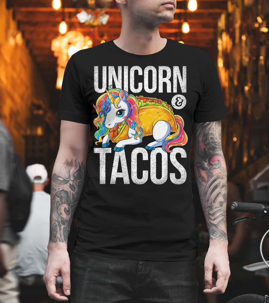 Unicorn and Tacos Colorful Rainbow Hairstyle Fantasy Image T-Shirt