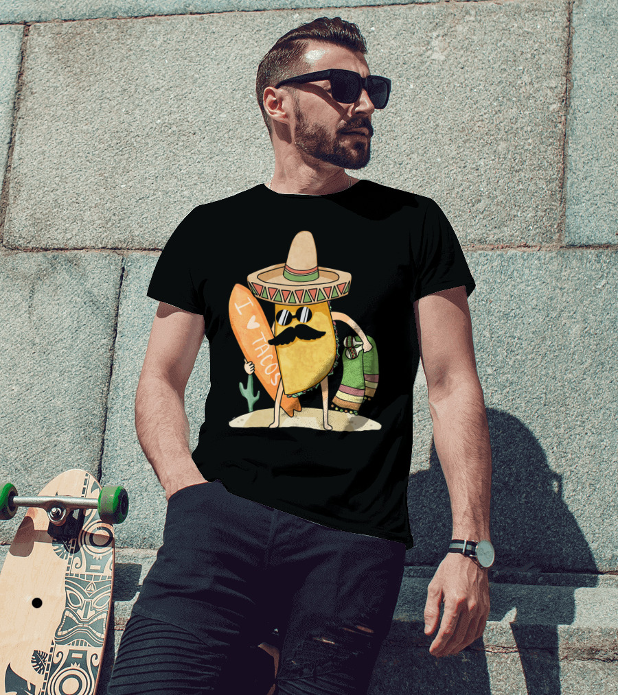 I Love Tacos Funny Mexican Surfing Beach T-Shirt