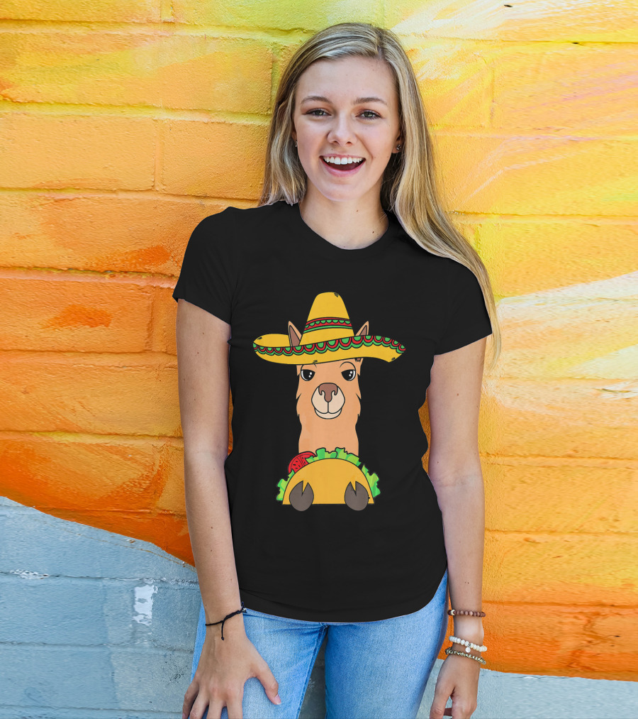 Llama Eating Taco Sombrero Cool Mexican T-Shirt