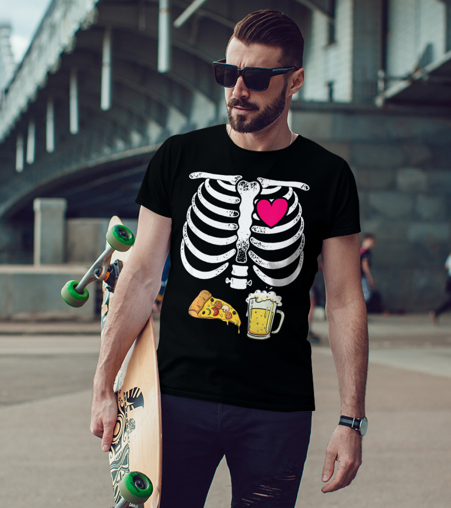 Skeleton Heart Pizza And Beer Xray T-Shirt