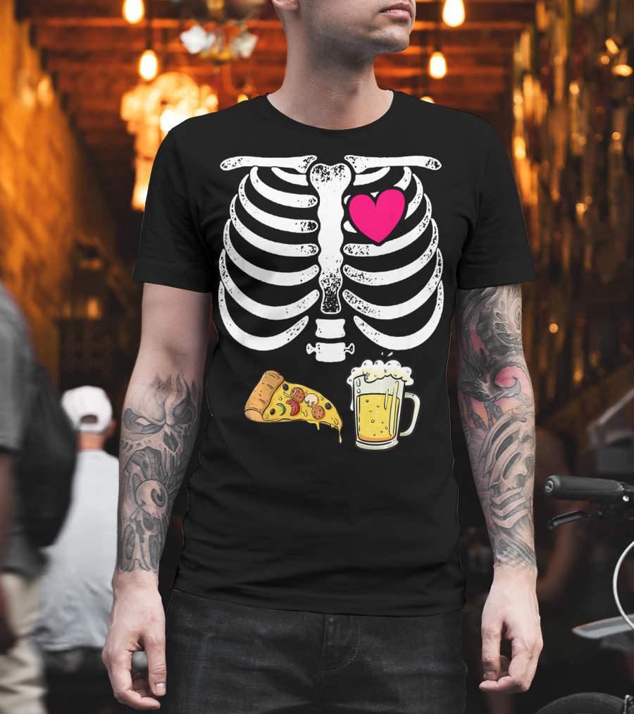 Skeleton Heart Pizza and Beer Xray T-Shirt