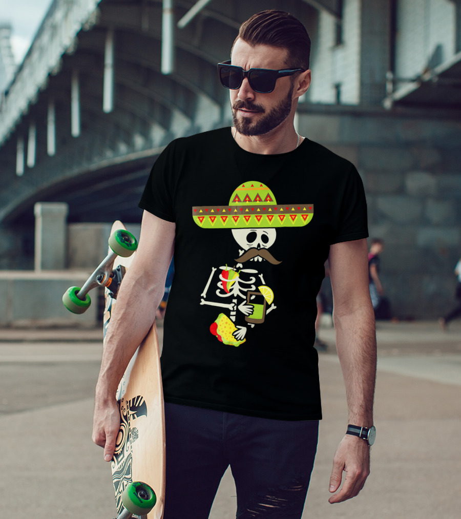 Mexican Skeleton Sombrero Holding Tequila Chili Tacos T-Shirt