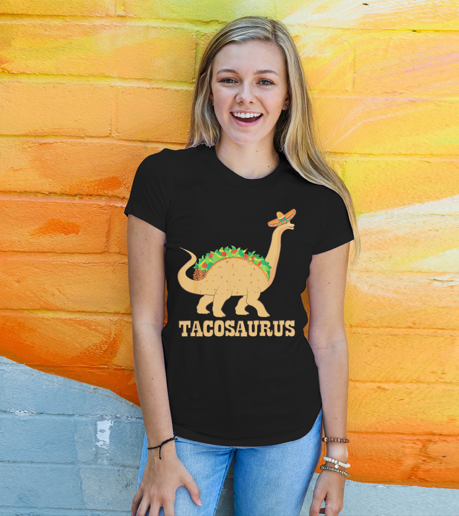 Tacosaurus Sombrero Wearing Dinosaur With Mexican Food Elements T-Shirt