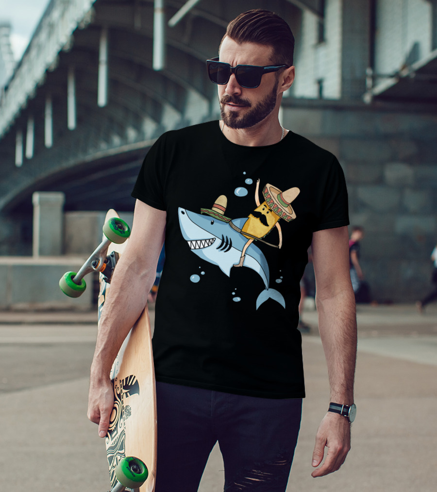 Taco Guy Riding Sombrero Shark Funny Mexican Style Long T-Shirt