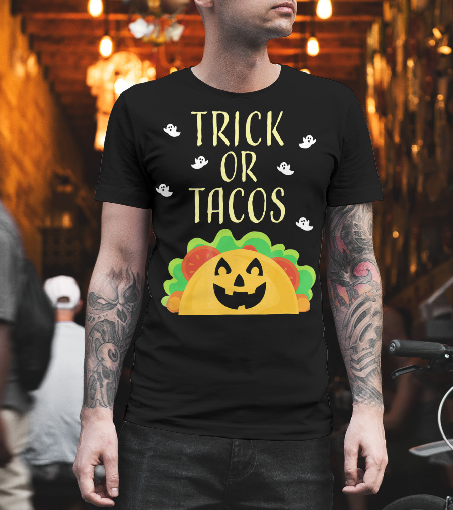 Trick or Tacos Halloween Ghosts with Smiling Taco T-Shirt