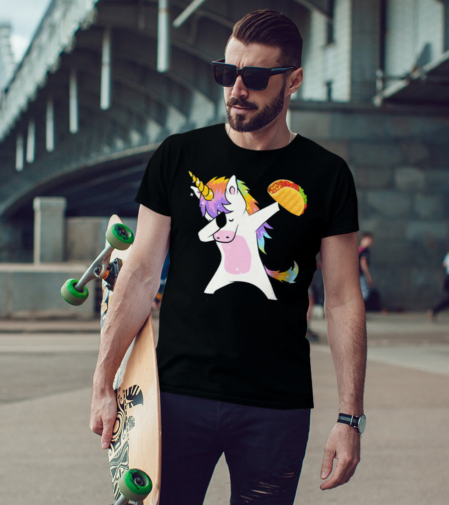 Unicorn Dabbing With Taco And Rainbow Mane T-Shirt