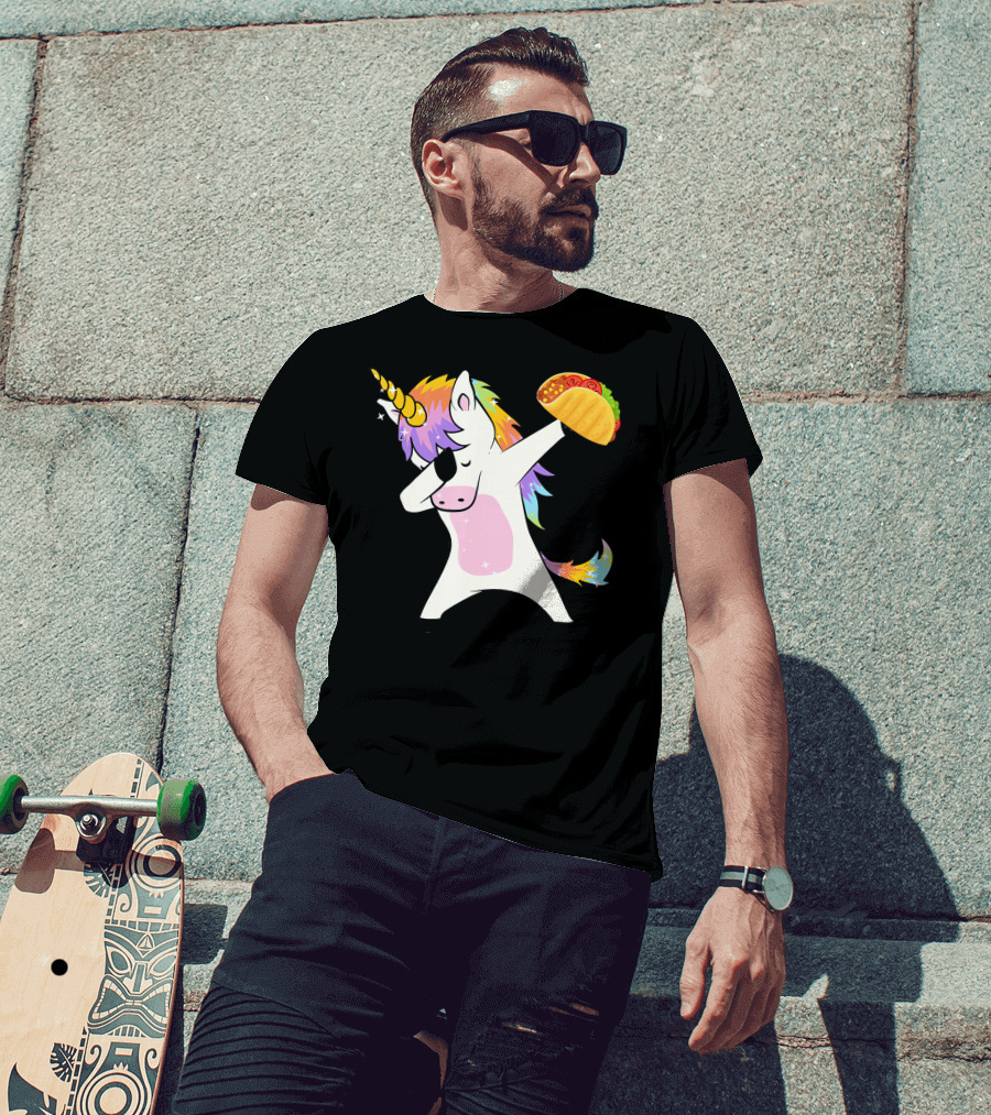 Unicorn Dabbing With Taco And Rainbow Mane T-Shirt